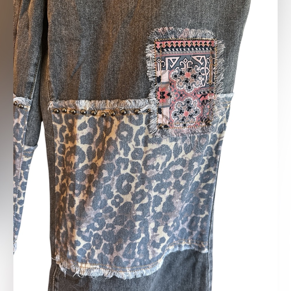 POL Studded Patch Jeans Size Large Charcoal Gray High Rise Button Fly Wide Leg - Picture 6 of 15